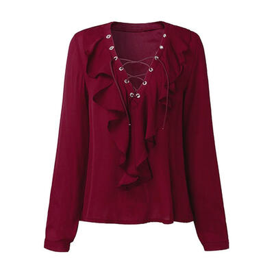 

Women Summer Chiffon Blouse Lace Up V Neck Ruffle Long Sleeve Sexy Tops