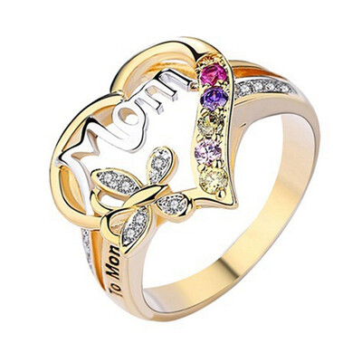 

Fashion Heart-Shaped Love Mum Ring Mom Character Diamond Jewelry Family Birthday Best Gift For Mother Mummy Rings Size 6-10
