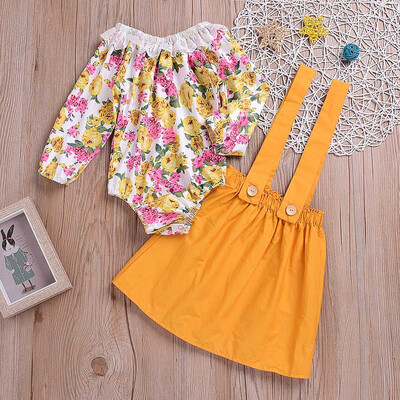 

Infant Baby Girls Floral Print Lcae Romper Jumpsuit Strap Skirt Clothing Set