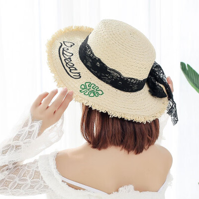 

Womens spring&summer fresh lace strap Sun Hat Flash Flat Hat Korean version of large brim Beach Hat wholesale