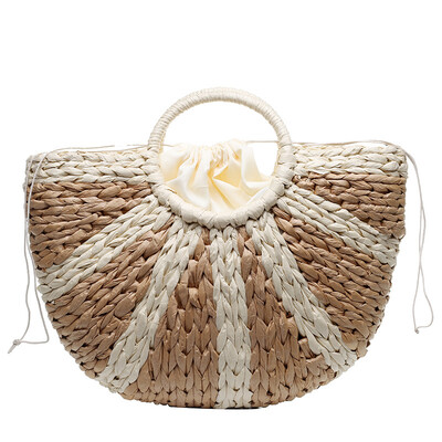 

2019 New Striped Contrast Basket Women Straw Semicircle Handbag Hawaiian Beach Tote Bag Luxury Designer Female Hand Bag bolso