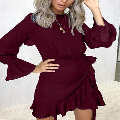 

Stretch Solid Lantern Long Sleeves Flounce Strappy Shift Dress