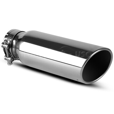 

3" Inlet 4" Outlet 12 inch Long Angle Cut Rolled End Exhaust Tip Tail Pipe SS