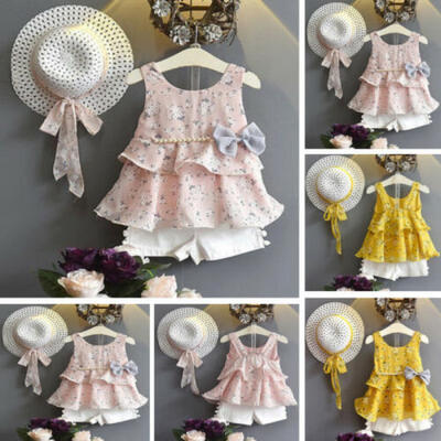 

2-7Years Kid Girl Summer Floral Hat Chiffon Top Short Pant 3PCS Sets Clothes