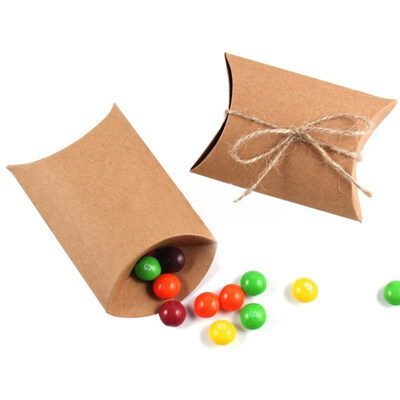 

50Pcs Kraft Paper Pillow Shape Wedding Favor Gift Box Party Candy Bag With Rope