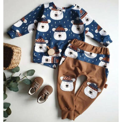 

Toddler Baby Boy Clothes Bear Prints Long Sleeve Top T-shirt Pants Winter Outfit