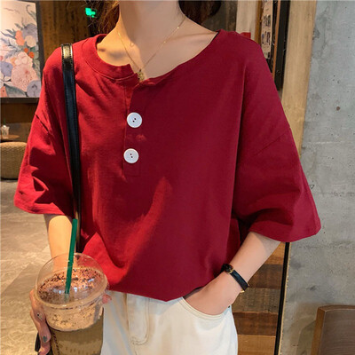 

Women t shirt solid color button top summer short sleeve O-neck knotted casual wild loose T-shirt Solid Basic Soft