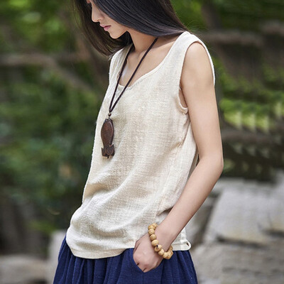 

Nomeni Women Vintage Sleeveless Cotton Linen Casual Loose Crop Tops Vests Blouse