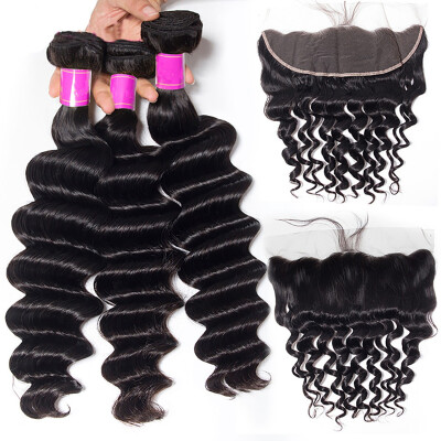 

Amazing Star Malaysian Loose Wave with Frontal Virgin Human Hair Bundles with Lace Frontal with Baby Hair Free Part Natural Color