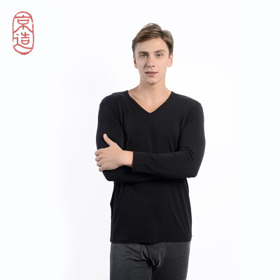 

JZAO mens thermal underwear heating fiber thin section Slim long-sleeved T-shirt black V-neck XL code