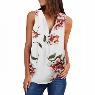 

Printed vest T-shirt womens deep V-neck zipper sleeveless Slim shirt