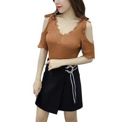 

Summer Beach T Shirt Women Casual Stretch V Neck Short Sleeve Tops Tee Cotton Off Shoulder T-Shirts One Size