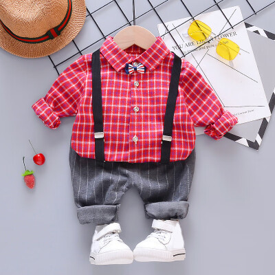 

Toddler Newborn Boy Autumn Outfits Long Sleeve Plaid Print Shirt TopStrap Striped Trousers Casual Sets