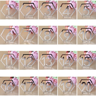 

1-20 Signs Hexagon Table Numbers with Base for Wedding Party Decor Acrylic Number Silver