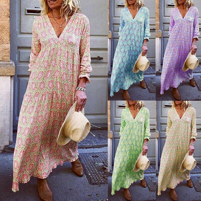 

Women Boho Floral V Neck Long Sleeve Long Maxi Casual Cocktail Party Beach Dress