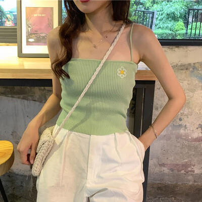 

Causal Knitted Floral Embroidery Cami Tops Beach Wear Sexy Vest Sleeveless Basic Camisole