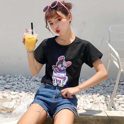 

Women Summer T-Shirt Round Collar Loose Sequins Printed tshirt Short-Sleeved Casual Wild Tops harajuku t shirt women