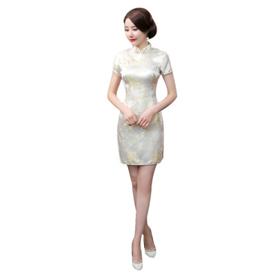 

Chinese Women Plum Blossom Bridesmaid Short Sleeve Split Mini Evening Dress