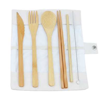 

7PcsSet Wooden Bamboo Straw Covered With Cloth Bag Knives Fork Spoon Chopsticks Bamboo Travel Cutlery Set