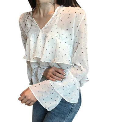 

Korean Summer Blouse Woman Spring V-Neck Ruffles Perspective blusas Dot Print Long Sleeve Womens Tops And Blouses Harajuku