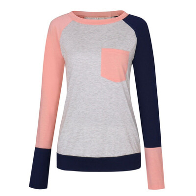 

Female O-Neck Long Sleeve Casual Simple T Shirts Pocket Patchwork Tops 2018 Spring Autumn Women Cotton Slim T-Shirts Tees