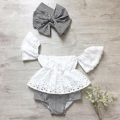 

Baby Girl Off Shoulder Lace Tops Stripe Shorts Briefs 3pcs Outfit Clothes Summer