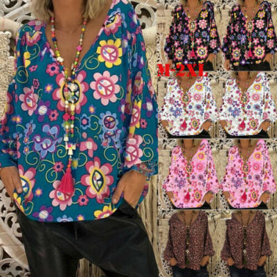 

Women Long Sleeve Boho Floral T Shirt Casual V Neck Tops Loose Blouse Tee Ladies