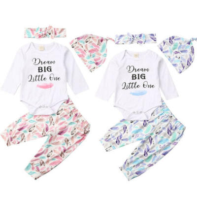 

4PCS Newborn Kid Baby Boy Girl Letter Romper TopsPantsHatHeadband Outfits Set