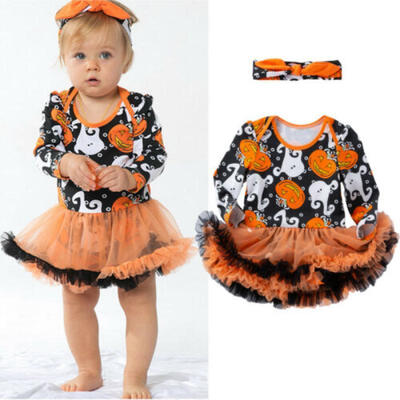 

Halloween Baby Girls Ghost Pumpkin Fancy Dress Party Tutu Romper Headband Outfit