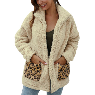 

Toponeto Women Leopard Print Fleece Long Sleeves Cardigan Zipper Keep Warm Coat