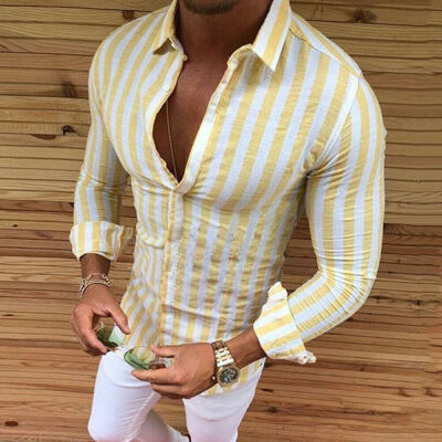 

Luxury Men Stylish Casual Dress Slim Fit T-Shirt Long Sleeve Formal Striped Tops