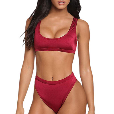 

Roseonmyhand Womens Bikini High Waist Solid Color Split Swimsuit