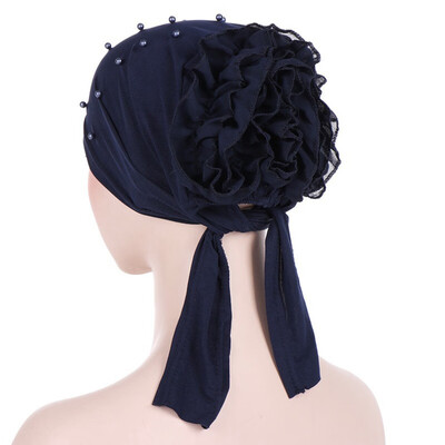 

New Solid Color Beaded Large Flower Stretch Headscarf Muslim Turban Hat Chemo Cap Hair