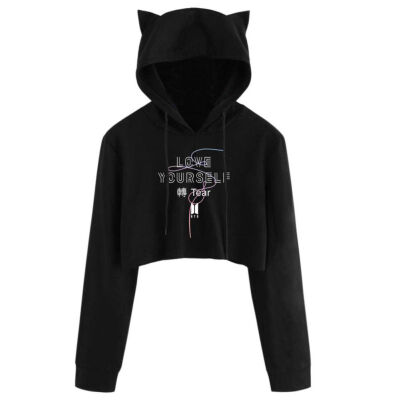 

BTS Cat ear print drawstring Long Sleeve Cropped Hoodies Sweatshirt Women Cat Hooded Pullover Crop Tops Clothes harajuku