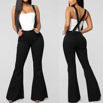 

〖Follure〗Women High Waist Zipper Jeans Button Strap Pants Trousers Bell-bottom Pants