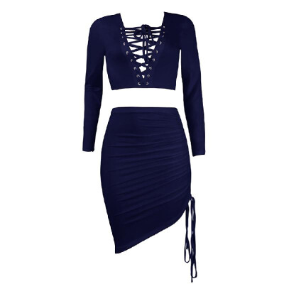 

Sexy Women Two-piece Set Deep V Neck Crop Top Long Sleeve Bandage Asymmetric Bodycon Skirt Suits Party Clubwear