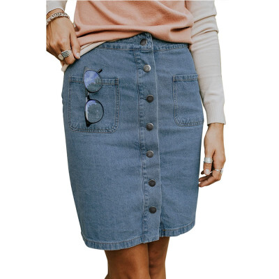 

Blue single-breasted casual denim skirt 65157