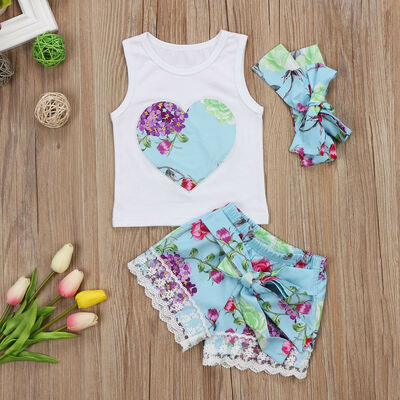 

3Pcs Toddler Baby Girl Clothes Tops Floral Vest Lace Shorts Pants Outfits Set