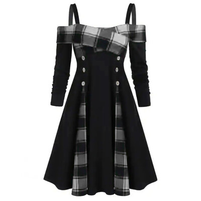

Tailored Fashion Womne Plus Size Open Shoulder Plaid Panel Buttons A Line Dress