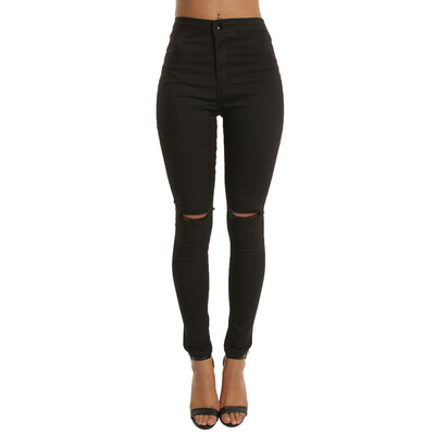 

Tailored Women Casual Slim Solid Hole Long Jeans Zippers Sexy Skinny Pants Daily Trousers