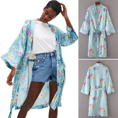 

Women Plus Size Kimono Satin Floral Print Open Front Tie Loose Thin Long Elegant Bikini Cover Up Cardigan Blue