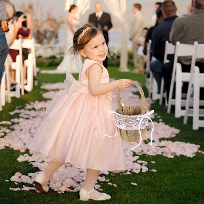 

Wedding Flower Girl Basket Vintage Burlap Lace Bowknot Flower Basket Wedding Basket