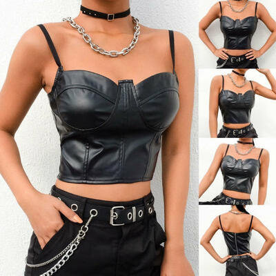 

Women Sexy Stretch Shine Leather Faux Bra Top Crop Top Corset Shine Vest Black
