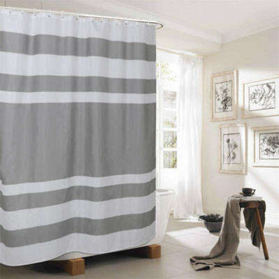 

US Fabric Bathroom Shower Curtain Stripe Printed Waterproof with Hooks 71"x71"