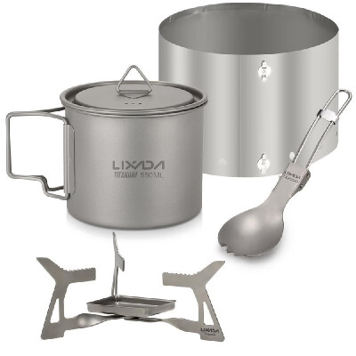 

Lixada 4pcs Camping Titanium Cookware Set with 550ml Water Cup Mug Folding Solidified Alcohol Stove Spork Windshield for Outdoor C