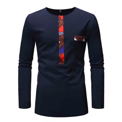 

Toponeto Men Casual Printed Patchwork Long Sleeve Stand Collar T-Shirt Top Blouse