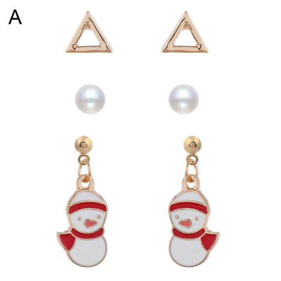 

3 Pairs Christmas SnowmanElkBellSanta Claus Pearl Beads Stud Earrings Jewelry