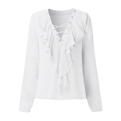 

Women Summer Chiffon Blouse Lace Up V Neck Ruffle Long Sleeve Sexy Tops