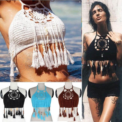 

Sexy Women Crochet Bralette Knit Beach Bikini Halter Crop Top Cami Tank Tassel