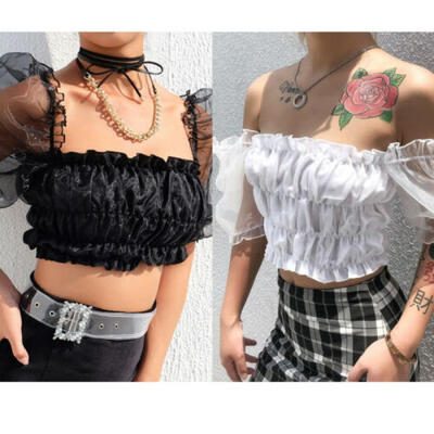 New Women Off Shoulder Chiffon Blouse Tops Lolita Sheer Puff Sleeve Flared Shirt